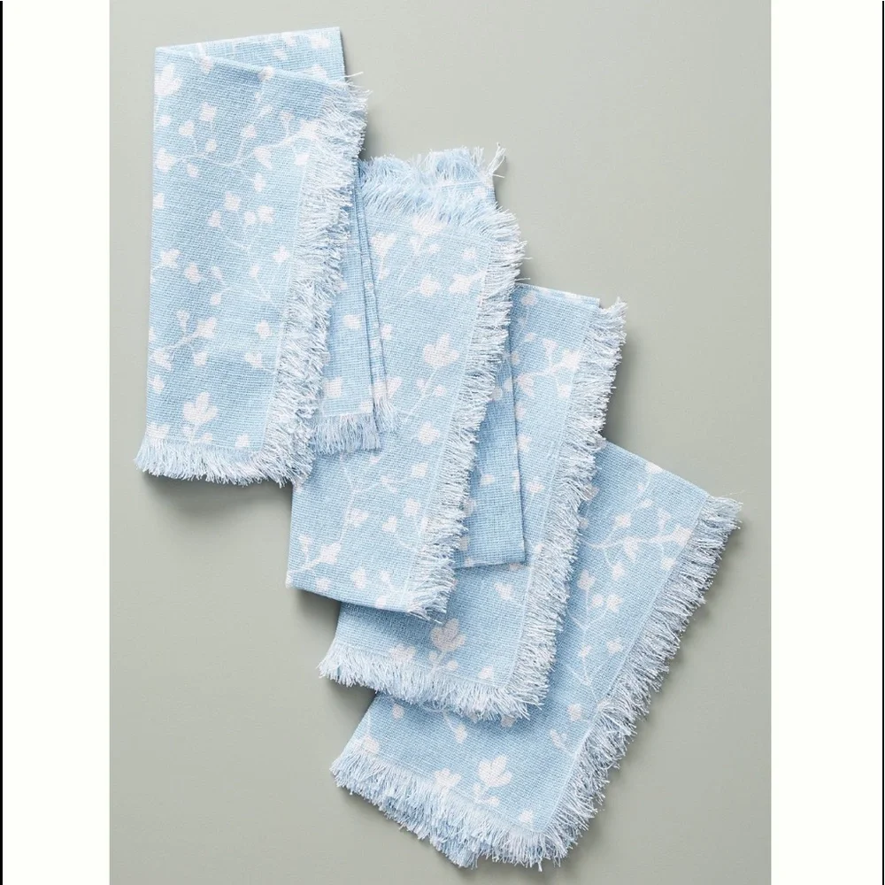 Anthropologie Hazel Napkins, Light Sky Blue White Silver Shimmer, Cotton Linens